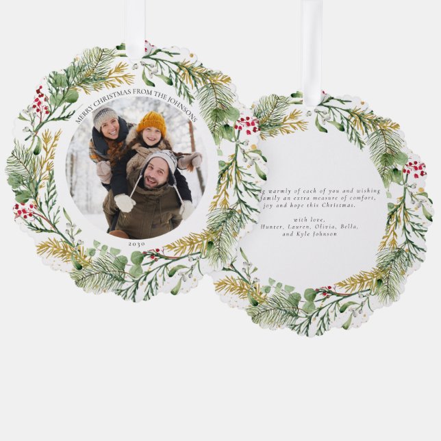 Gold Winter Greenery Merry Christmas Photo Wreath Tree Decoration Card (Front/Back)