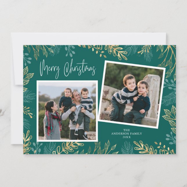 Gold Winter Greenery on Teal 2 Photo Christmas Holiday Card (Front)
