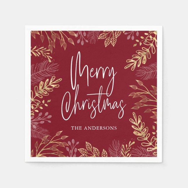 Gold Winter Greenery Red Christmas Napkin (Front)
