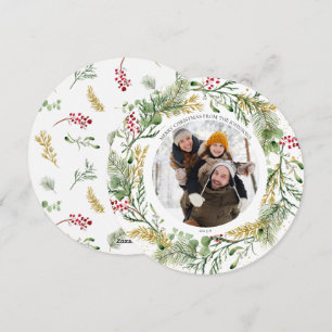 Gold Winter Greenery Wreath Round Photo Holiday Card