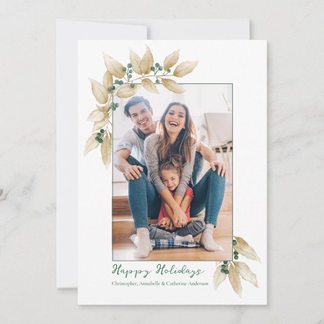 Gold Winter Leaves & Berries Holiday Card (Front)