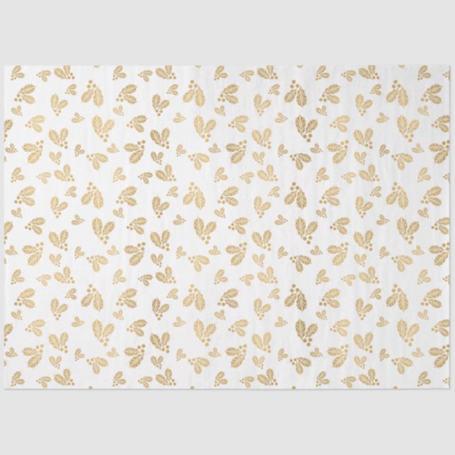 Gold Winter Leaves Berries White Christmas Tissue Paper (Front)