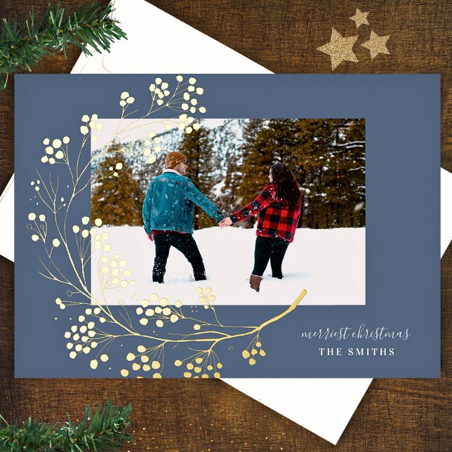 Gold Winter Natural Blue Merry Christmas Photo Foil Holiday Card (Creator Uploaded)