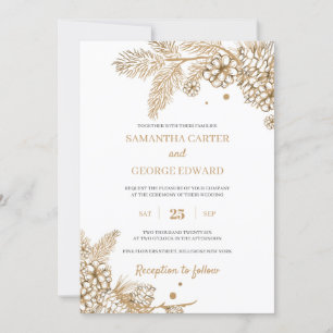 Gold winter pane and cones modern chic wedding invitation