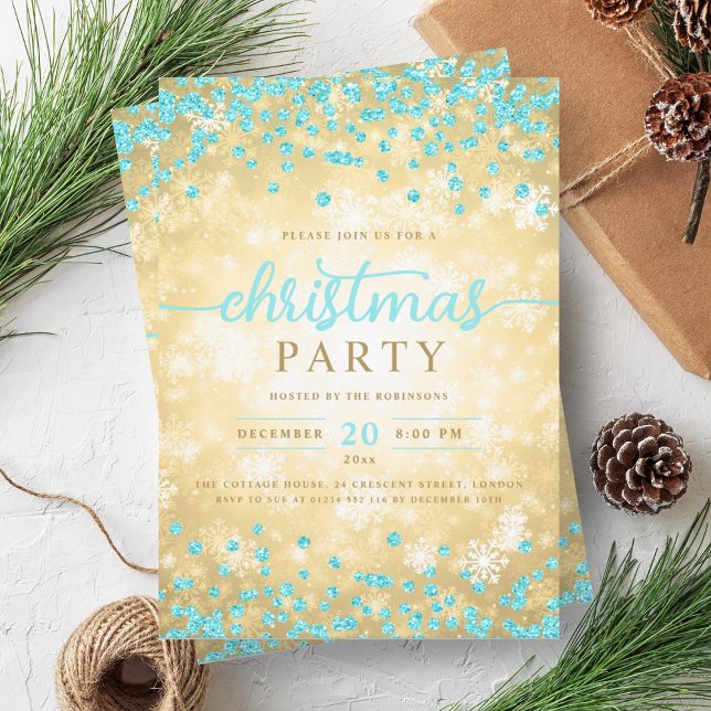 Gold Winter Silver Diamonds Christmas Turquoise  Invitation (Gold Winter Silver Diamonds Christmas Turquoise Invitation)