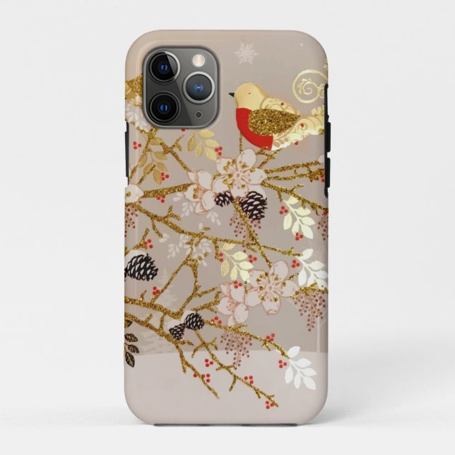 Gold Winter Snow Birds Country Christmas Case-Mate iPhone Case (Back)