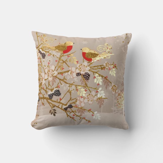 Gold Winter Snow Birds Country Christmas Cushion (Front)