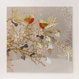 Gold Winter Snow Birds Country Christmas Jigsaw Puzzle