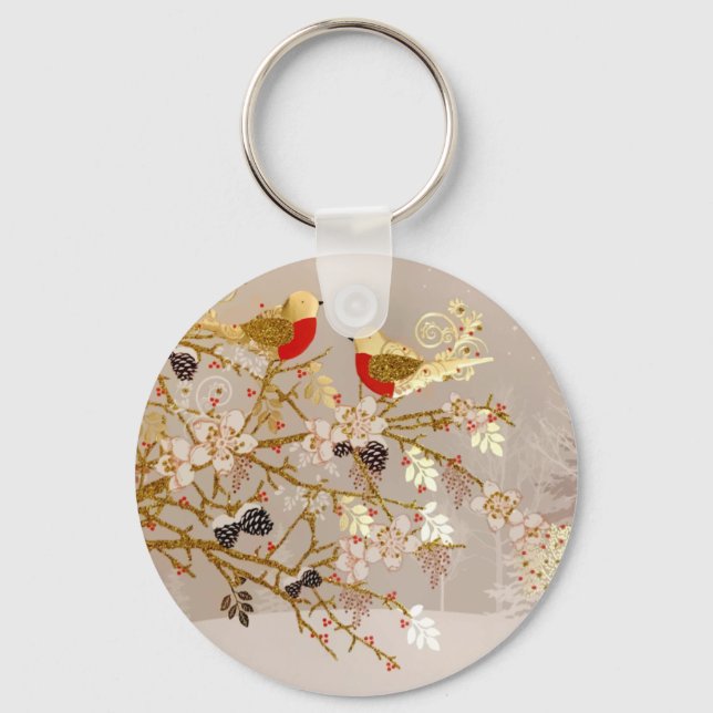 Gold Winter Snow Birds Country Christmas Key Ring (Front)
