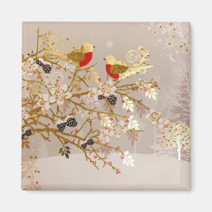 Gold Winter Snow Birds Country Christmas Magnet