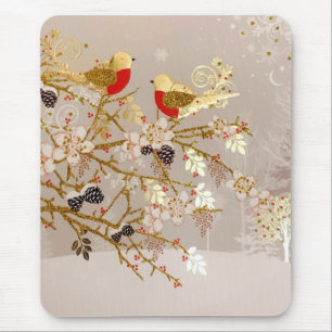 Gold Winter Snow Birds Country Christmas Mouse Mat