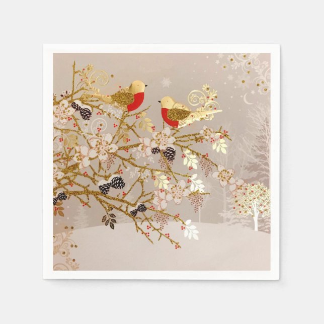 Gold Winter Snow Birds Country Christmas Napkin (Front)