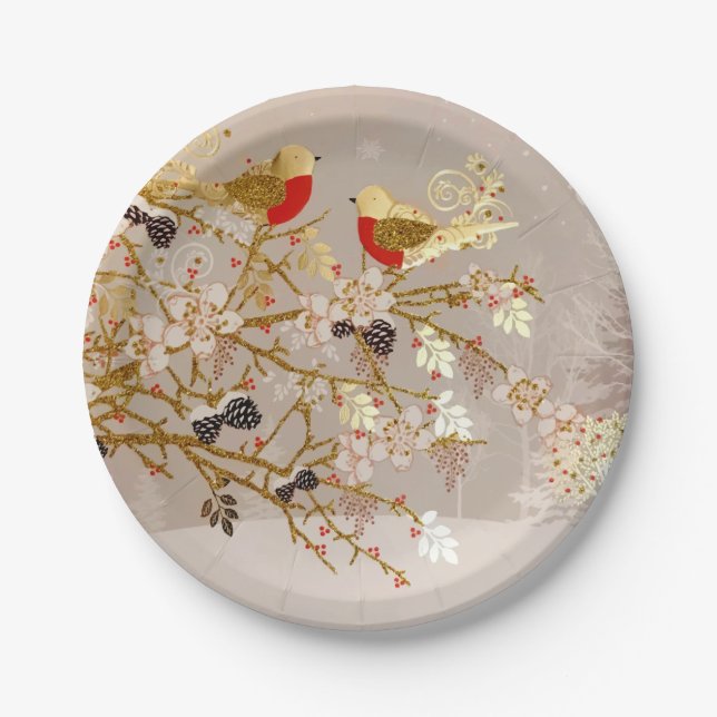 Gold Winter Snow Birds Country Christmas Paper Plate (Front)