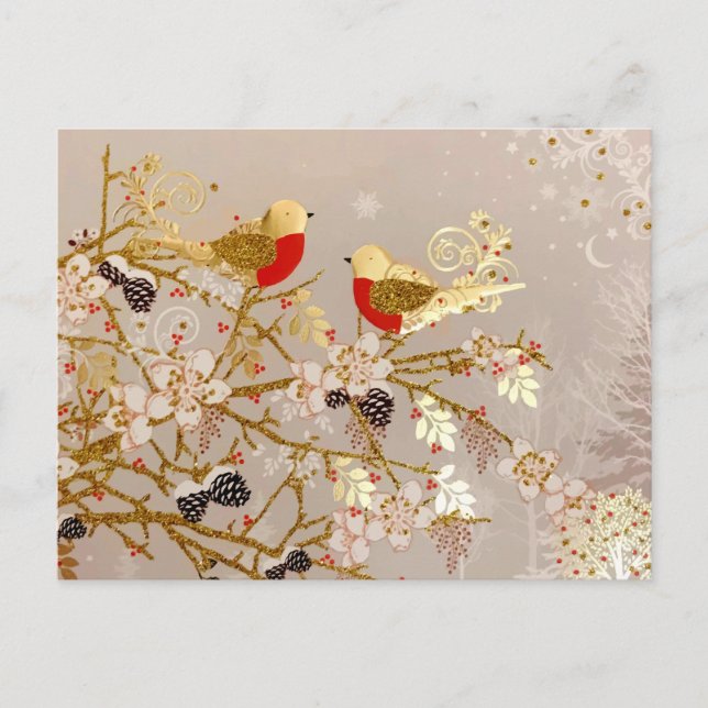 Gold Winter Snow Birds Country Christmas Postcard (Front)