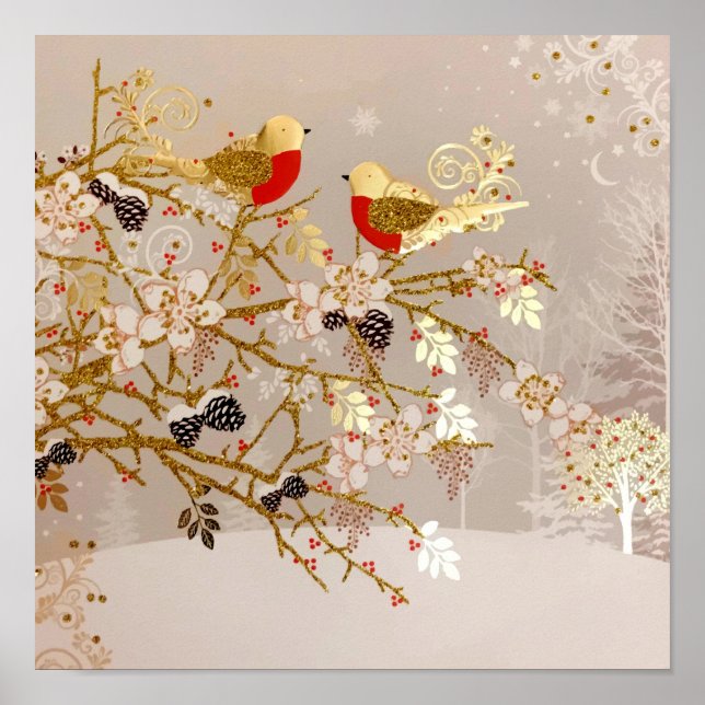 Gold Winter Snow Birds Country Christmas Poster (Front)