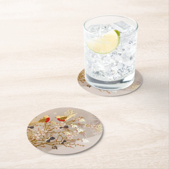 Gold Winter Snow Birds Country Christmas Round Paper Coaster (Insitu)