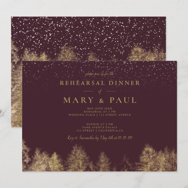 Gold Winter snow burgundy pine rehearsal dinner Invitation (Front/Back)