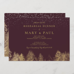 Gold Winter snow burgundy pine rehearsal dinner Invitation