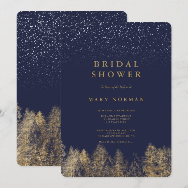 Gold Winter snow navy blue pine tree bridal shower Invitation (Front/Back)