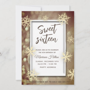 Gold winter wonderland bokeh snowflakes  invitation