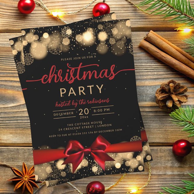 Gold Winter Wonderland Family Xmas Red Ribbon Invitation (Gold Winter Wonderland Family Xmas Red Ribbon Invitation)