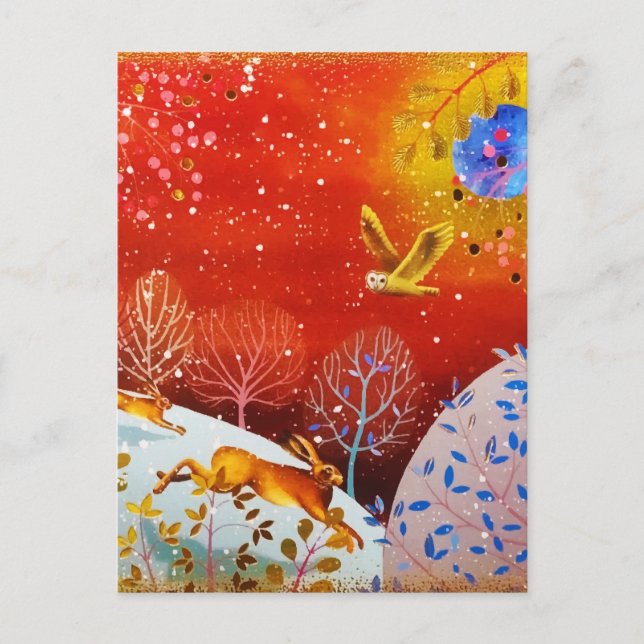 Gold Winter Woodland Rabbit Owl Watercolor Announcement Postcard (Front)