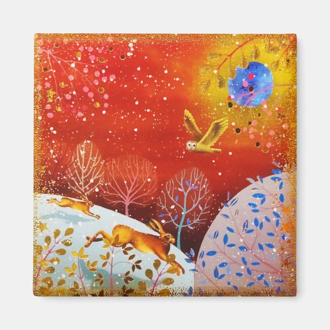 Gold Winter Woodland Rabbit Owl Watercolor Magnet (Front)