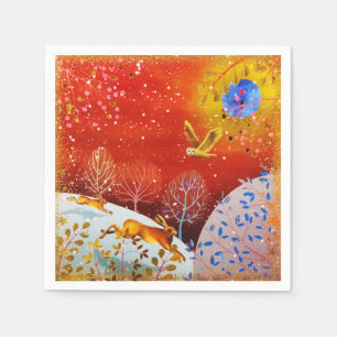 Gold Winter Woodland Rabbit Owl Watercolor Napkin