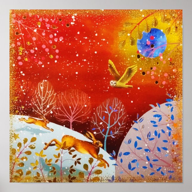 Gold Winter Woodland Rabbit Owl Watercolor Poster (Front)