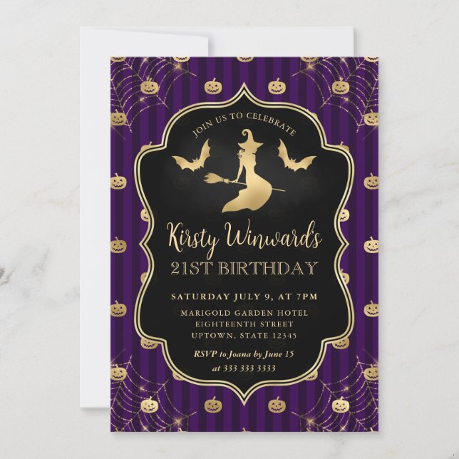 Gold Witch and Pumpkin Stripes 21st Birthday Invitation (Front)