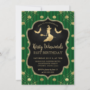 Gold Witch and Pumpkin Stripes 21st Birthday Invitation