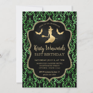 Gold Witch and Spiders Damask 21st Birthday Invitation