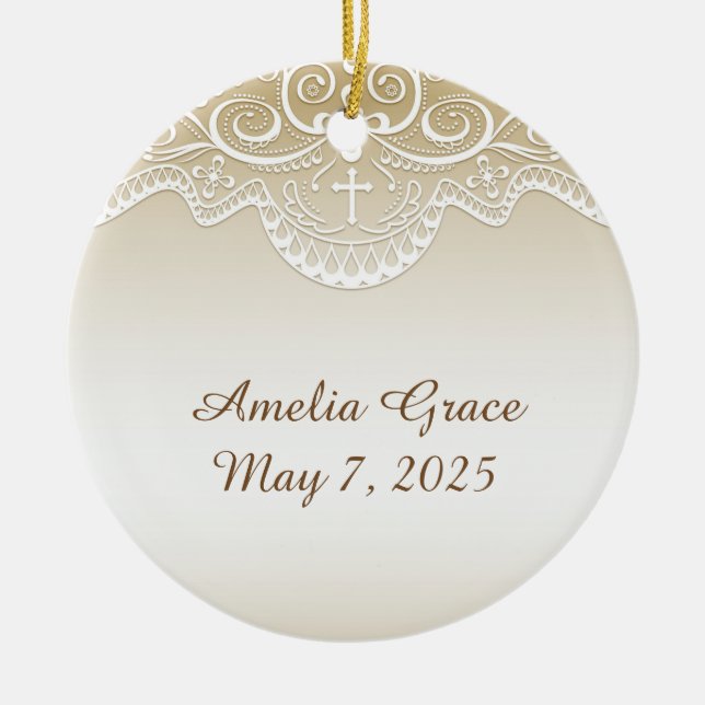 Gold with Lace, Cross, Religious Ceramic Tree Decoration (Front)