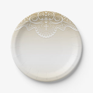 Gold with Lace, Cross, Religious Paper Plate