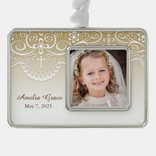Gold with Lace, Cross, Religious Silver Plated Framed Ornament (Front)
