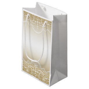Gold with Lace, Cross, Religious Small Gift Bag