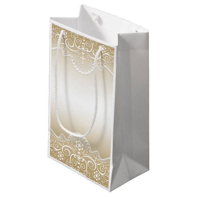 Gold with Lace, Cross, Religious Small Gift Bag (Front Angled)