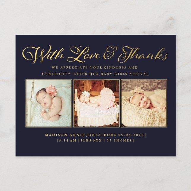 Gold With Love & Thanks Baby Photo Postcard (Front)