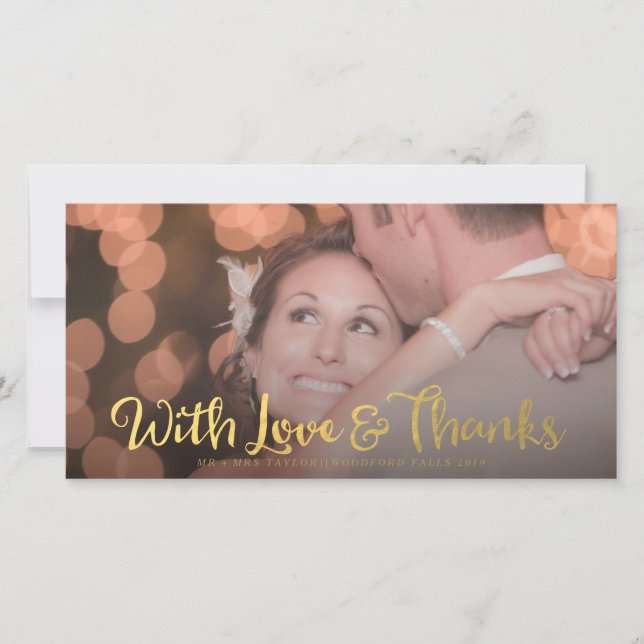 Gold With Love & Thanks Overlay Wedding Photo Card (Front)