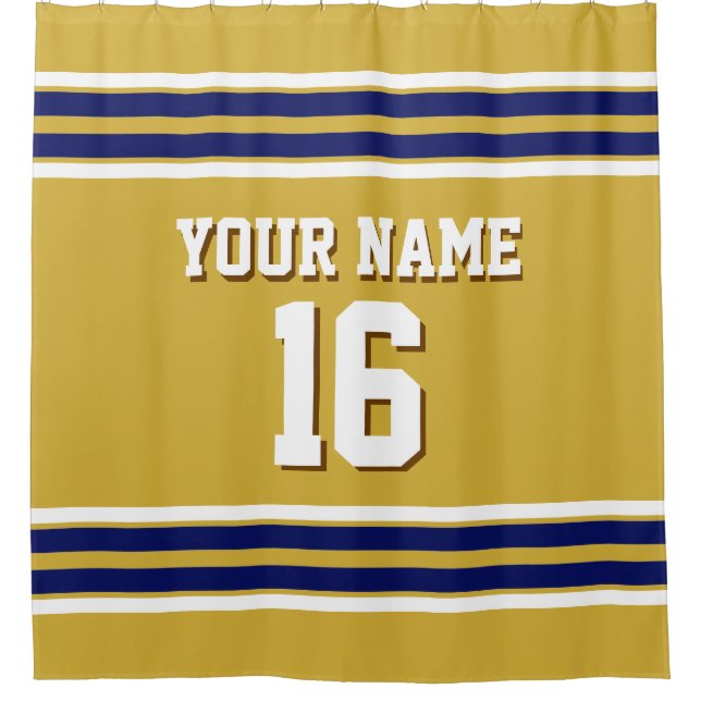 Gold with Navy White Stripes Sports Jersey Shower Curtain (Front)