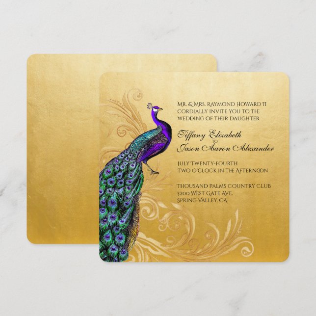 Gold With Peacock Wedding Invitation (Front/Back)