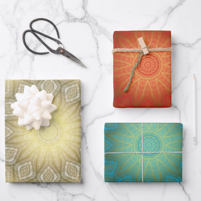 Gold with White Blue or Red Kaleidoscope Wrapping Paper Sheet (Front)