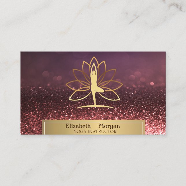 Gold Women Silhouette Lotus Yoga Instructor Bokeh Business Card (Front)