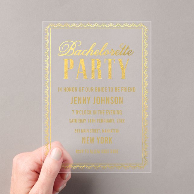Gold Womens Bachelorette Evening Party Invite Acrylic Invitations (Insitu (Handheld))