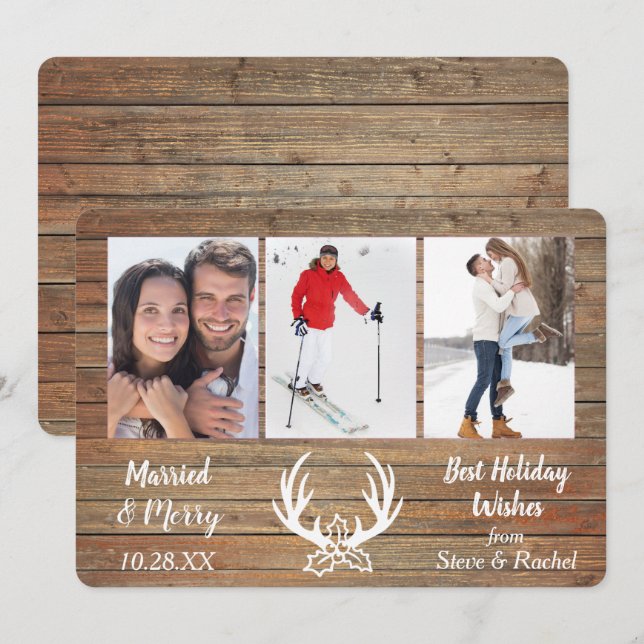 Gold Wood Antler Married Three Photo Template (Front/Back)