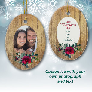 Gold Wood Red Rose Frame Photo Template Holiday Ceramic Tree Decoration