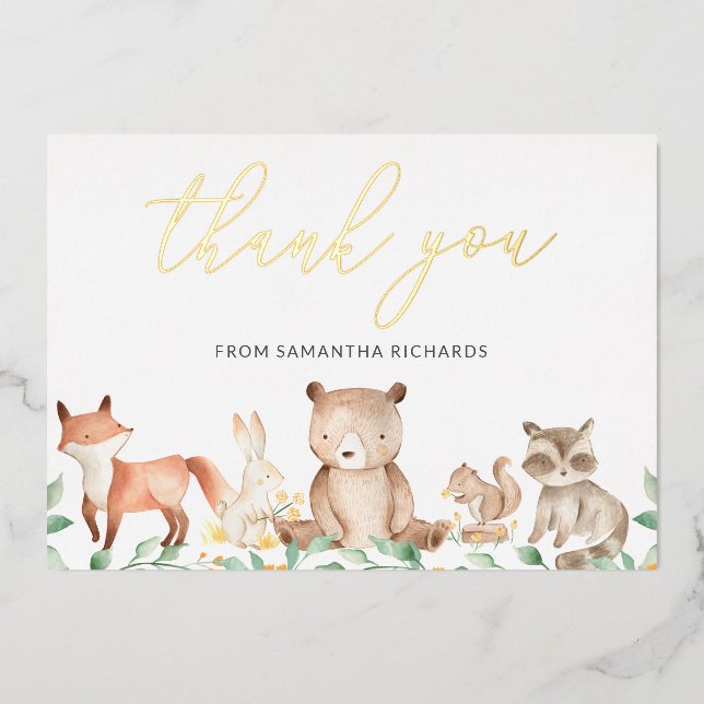 Gold Woodland Animals Baby Shower Thank You Card (Front)