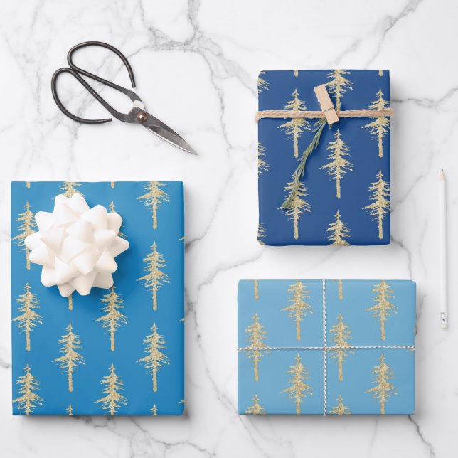 Gold Woodland Pine Tree Forest Blue Sky Blue Navy Wrapping Paper Sheet (Front)