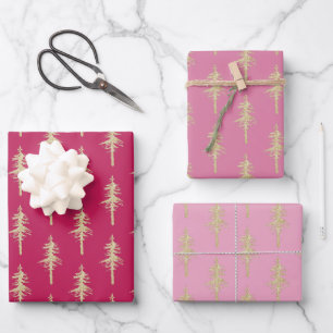 Gold Woodland Pine Tree Forest Pink Raspberry Red Wrapping Paper Sheet