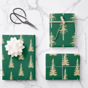 Gold Woodland Spruce Trees On Holiday Green Wrapping Paper Sheet